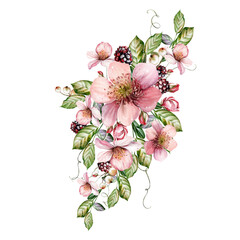 Watercolor festive bouquet of beautiful flowers and fruity blackberries with green leaves. - 726541232