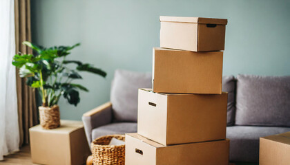 cardboard boxes with household items symbolize moving, relocation, and renovation, conveying the anticipation and transition of a new home
