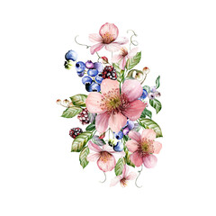 Watercolor festive bouquet of beautiful flowers and fruity blackberries with green leaves. - 726541242