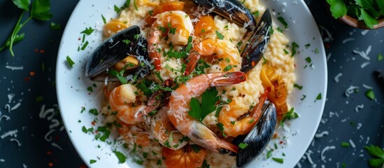 Top view of a delectable seafood risotto adorned with parmesan cheese, parsley, and a succulent assortment of shrimp, prawns, and mussels.