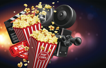 Illustration for the film industry. Film, popcorn and tickets. 3D vector. High detailed realistic illustration