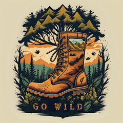 Boots design, pine tree. Summer camp. Go wild. Extreme adventure artwork for poster, sticker, background and others - generated by ai