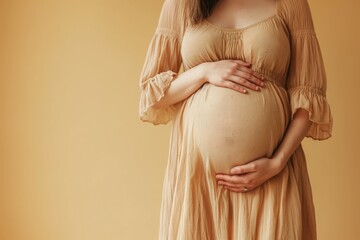 9 month pregnant woman wears casual beige dress touching belly against beige background