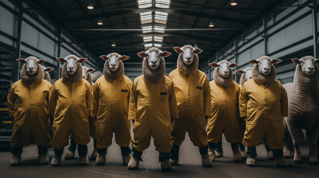 Created with technology, a group of happy sheep animals stands in the factory.