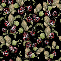Watercolor seamless pattern of blackberries with green leaves. Illustration - 726541820