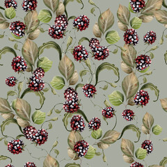 Watercolor seamless pattern of blackberries with green leaves. Illustration - 726541843