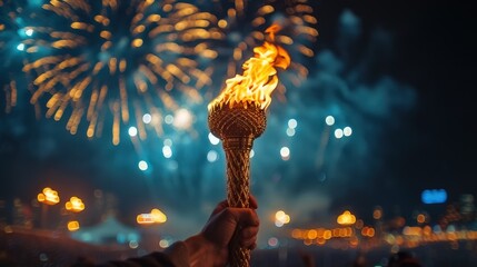 Olympic torch is being held by a hand, with a backdrop of a city and fireworks lighting up the sky