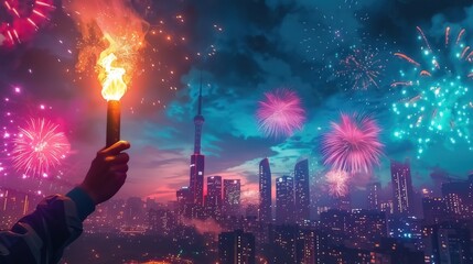 Olympic torch is being held by a hand, with a backdrop of a city and fireworks lighting up the sky - obrazy, fototapety, plakaty
