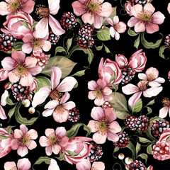 Watercolor seamless pattern of beautiful flowers and blackberries with green leaves. Illustration