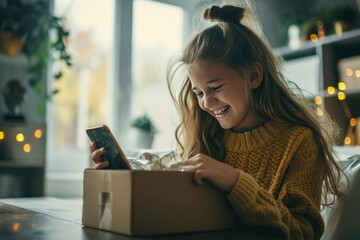 A teenage girl looks very happy after opening a box containing a new cellphone. A happy teenage girl gets a gift - Powered by Adobe