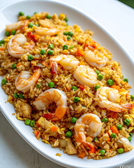 Shrimp Fried Rice on white plate, photo for the restaurant menu