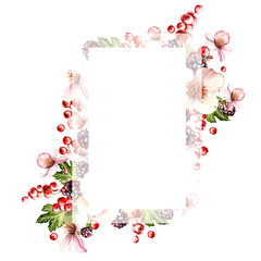 Watercolor festive invitation frame made of flowers and fruit berries with green leaves.