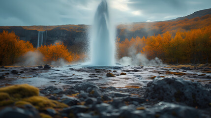 A geyser in action, with water shooting high against a backdrop of moss-covered rocks, during a windy autumn day - obrazy, fototapety, plakaty