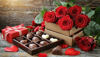 Chocolate and roses on Valentine's Day.