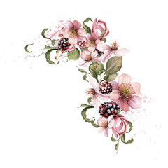 Watercolor festive bouquet of beautiful flowers and fruity blackberries with green leaves. - 726542440