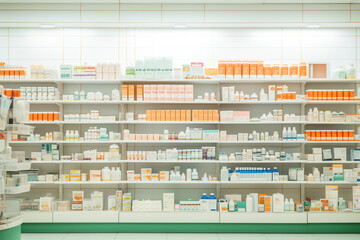 Pharmacy marble table counter with medicines healthcare product arranged on shelves in drugstore blurred defocused background