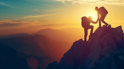 Cooperation, camaraderie, hiking, mutual trust, support, silhouette in the mountains, dawn. Two male hikers working together as a team to climb a mountain and enjoy a stunning sunrise - obrazy, fototapety, plakaty