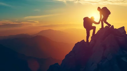 Foto op Plexiglas Cooperation, camaraderie, hiking, mutual trust, support, silhouette in the mountains, dawn. Two male hikers working together as a team to climb a mountain and enjoy a stunning sunrise © Choochart