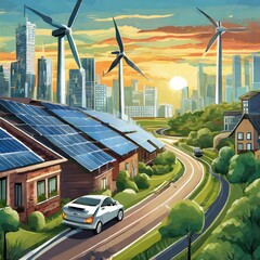 Découvrez un paysage urbain innovant et durable, où les toits sont ornés de panneaux solaires, les rues animées par des véhicules électriques et l’horizon ponctué de parcs éoliens.  - obrazy, fototapety, plakaty