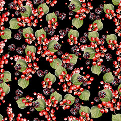 Watercolor seamless pattern of berries and leaves.