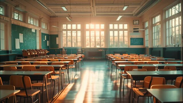 Empty classroom with chairs and tables. 4k video animation
