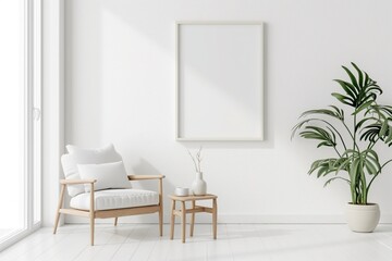 Mock up frame in white home interior background, bright room with minimal decor