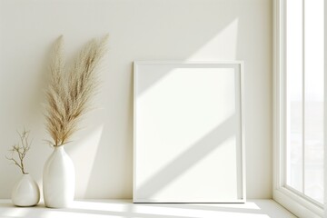 Mock up frame in white home interior background, bright room with minimal decor