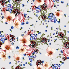 Fototapeta na wymiar Watercolor seamless pattern of beautiful flowers and blackberries with green leaves. Illustration