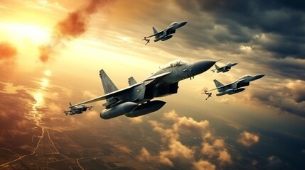 fighter jet at a beautiful sunset in the sky. Neural network AI generated art - obrazy, fototapety, plakaty