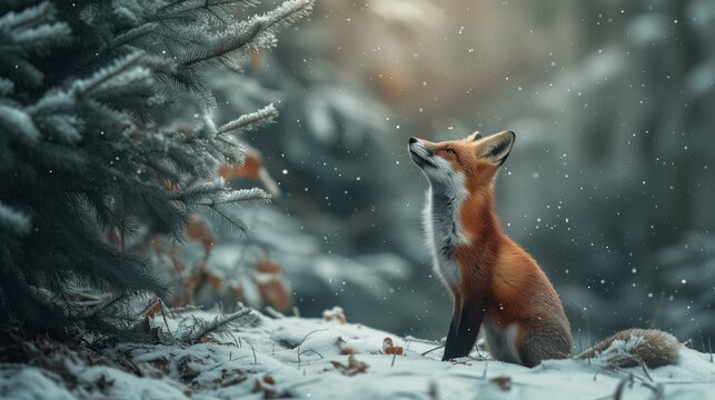 A photo of a small fox looking up at a giant, snow-covered pine tree in a winter forest. reddish-brown fox. low angle. winter wildlife photography style