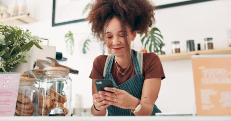 Barista, happy woman or phone on social media in cafe for online post or website in coffee shop. Small business owner, smile or waiter with technology for texting a message to chat in startup store