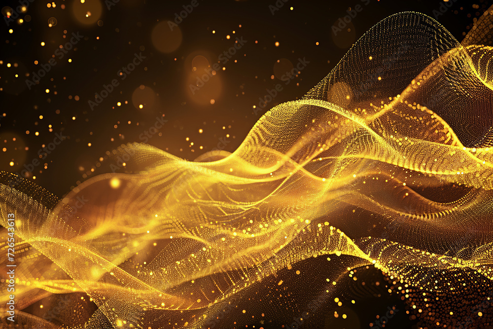 Poster motion gold abstract background, particles wave curve digitally generated abstract background animat