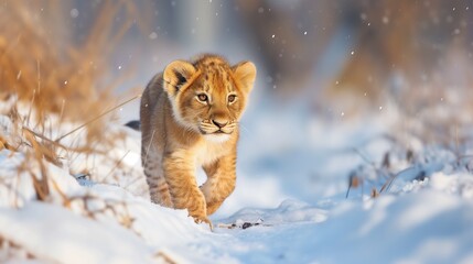 A lion cub in snow landscape, cute and adorable