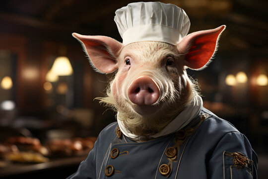 portrait of a pig in a Cheff outfit.