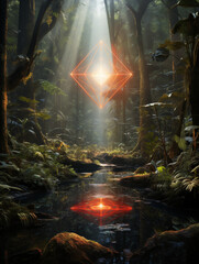 Mystical Glowing Geometric Shape in a Rainforest with Reflection