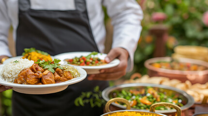 Waiter elegantly carries plates with Indian dishes at a festive event