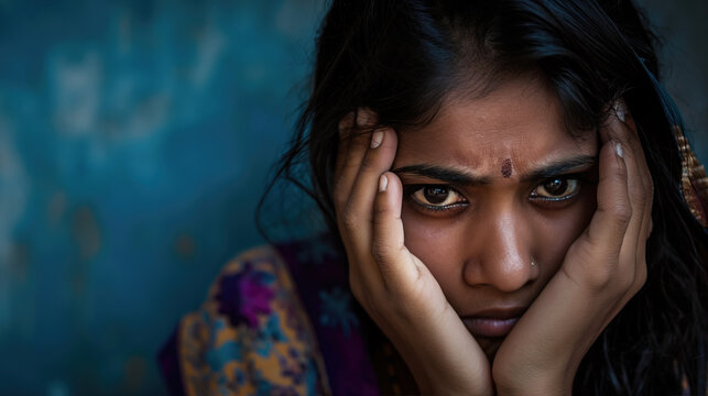 Portrait of an upset Indian woman expressing sadness and seeking solace