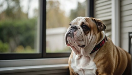Alert bulldog with a brindle coat and red collar looks off into the distance by a window, with a soft-focus background.