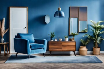 living room with blue sofa