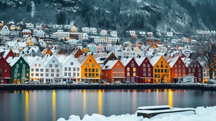 Fototapeta na wymiar Panorama of historical buildings of Bergen at Christmas time. View of old wooden Hanseatic houses in Bergen