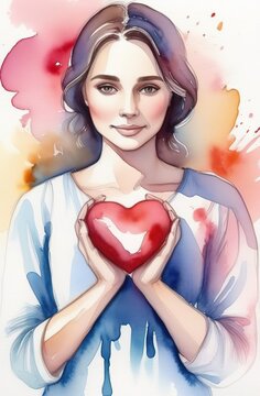 Young pretty woman watercolor illustration with heart in her hangs smiling kind person charity