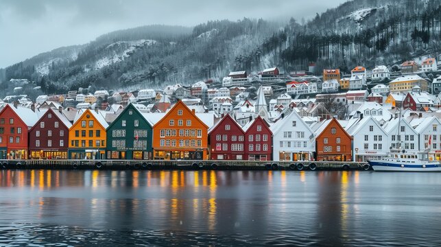 Panorama of historical buildings of Bergen at Christmas time. View of old wooden Hanseatic houses in Bergen