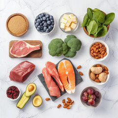 top view, light background, 10 foods on meal plan for Keto meal plan for lunch