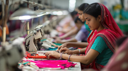 A woman supervisor oversees equipment and workers in a garment manufacturing factory in India, ensuring quality and production 