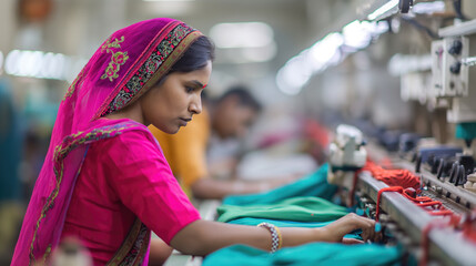 A woman supervisor oversees equipment and workers in a garment manufacturing factory in India, ensuring quality and production 