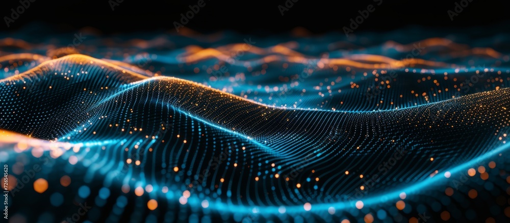 Poster dark background with 3d rendering of abstract line and grid formed by glowing particles, creating a 