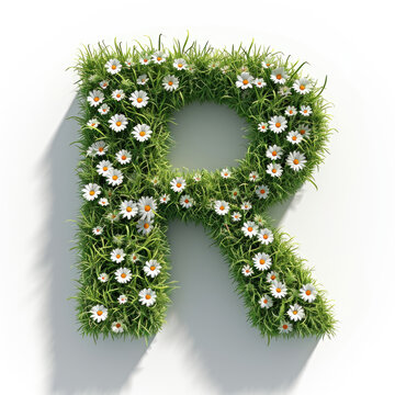 A letter r made out of grass and daisies