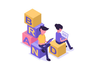 Branding. The team develops the brand. People sit on the cubes.