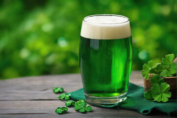 green beer decorated with clover, traditional treats and drinks for St. Patricks day