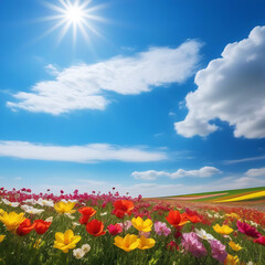 spring colorful flowers 2/3 against the background of a field and blue sky there is a place for an inscription